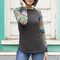 Dark Grey Long Sweater with Star Pattern Multicolor Sleeves,'Andean Star in Charcoal'