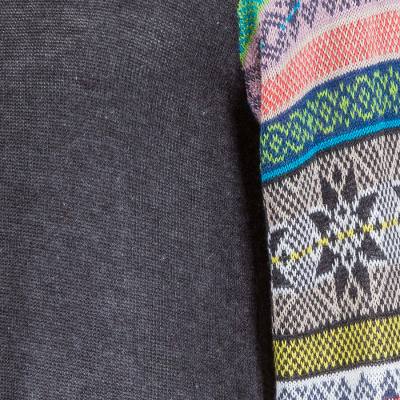 Cotton blend sweater, 'Andean Star in Charcoal' - Dark Grey Long Sweater with Star Pattern Multicolor Sleeves