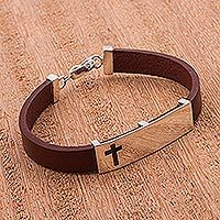 Sterling silver and leather cross wristband bracelet,