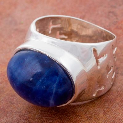 Natural Sodalite on Wide Sterling Silver Ring from Peru