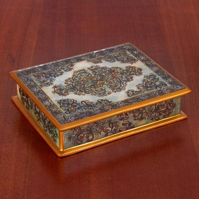 Reverse painted glass decorative box, 'Green Colonial Vine' - Reverse Painted Glass Floral Decorative Box in Green