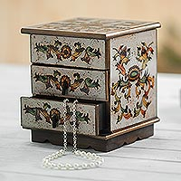 Reverse painted glass jewelry chest, 'Colonial Sunflower' - Reverse Painted Glass Jewelry Box in Off White from Peru