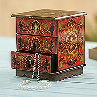 Reverse painted glass decorative chest Joyous Enchantment in Red Peru