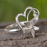 Sterling silver cocktail ring, 'Flowering Rapture' - Sterling Silver Floral Heart Cocktail Ring Crafted in Peru