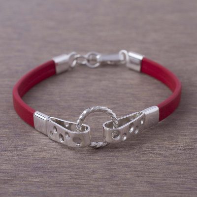 Leather and sterling silver wristband bracelet, Modern Attraction