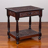 Leather and wood end table, 'Sweet Desires' - Leather and Wood End Table with Floral Motifs from Peru