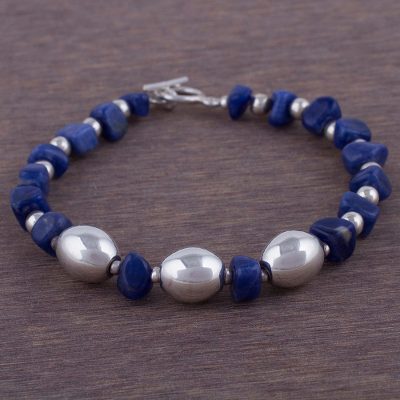 Sodalite beaded bracelet, 'Blue Pebbles' - Sodalite and Sterling Silver Beaded Bracelet from Bali