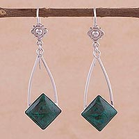 Chrysocolla dangle earrings, 'Forest Diamond' - Handcrafted Chrysocolla Dangle Earrings in Sterling Silver