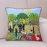 Cotton blend patchwork cushion cover, 'Summer in the Jungle' - Jungle Themed Patchwork Cushion Cover from Peru