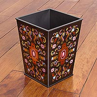 Reverse painted glass wastebasket, 'Florid Medallion' - Reverse Painted Glass Floral Wastebasket in Black from Peru
