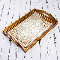 Reverse painted glass tray, 'Floral Marvel in Gold' - Reverse Painted Glass Tray in Gold from Peru