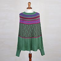 Alpaca blend poncho sweater, 'Jade Leaves' - Fair Trade Alpaca Blend Poncho with Leaf Motif
