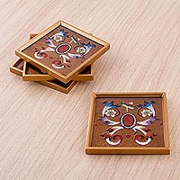 Reverse painted glass coasters Mythic Butterfly set of 4 Peru