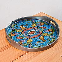 Reverse painted glass tray, 'New Blue Bloom' - Reverse Painted Glass Floral Tray in Blue from Peru