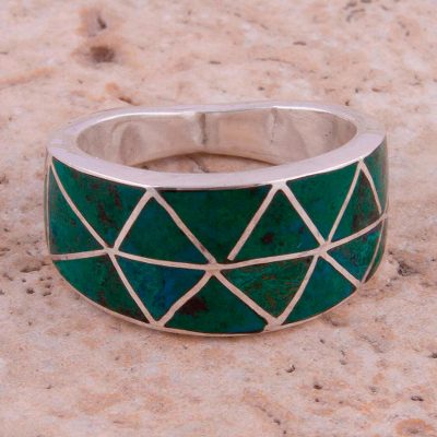 Chrysocolla and 950 Silver Band Ring from Peru
