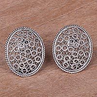 Sterling silver filigree button earrings,