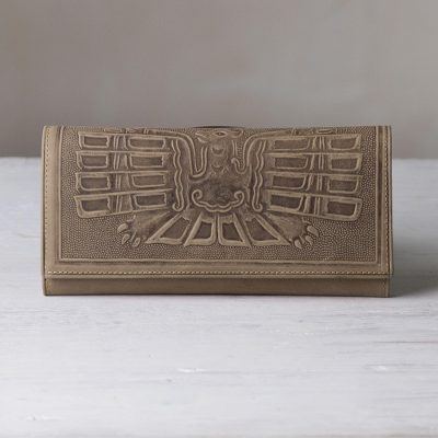 Leather wallet, 'Avian Muse' - Leather Wallet with an Embossed Bird Design from Peru