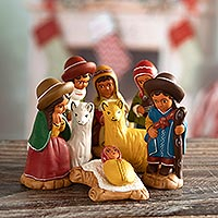 Ceramic nativity scene, 'Andean Birth' (set of 8) - Ceramic Andean Nativity Scene with Llamas from Peru (8 Pcs)