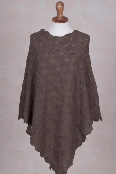 100% baby alpaca poncho, 'Scalloped Rosewood' - Soft Brown 100% Baby Alpaca Pointelle Knit Poncho