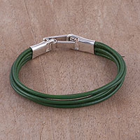 Leather wristband bracelet, 'Green Mirage' - Handcrafted Green Leather Wristband Bracelet from Peru