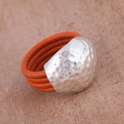 Sterling Silver and Leather Hammered Dome Ring from Peru
