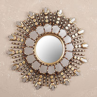 Wood wall mirror, 'Cuzco Radiance' - Round Sun-Like Wall Mirror Hand Crafted in Peru