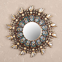 Wood and reverse painted glass wall mirror, 'Colonial Emerald' - Round Wall Mirror with Reverse Painted Glass Accents