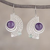 Amethyst and fluorite filigree dangle earrings,