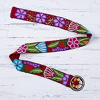 Wool belt, 'Garden Fashion in Cherry' - Embroidered Floral Wool Belt in Cherry from Peru