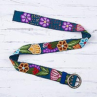 Wool belt, 'Garden Fashion in Teal' - Embroidered Floral Wool Belt in Teal from Peru