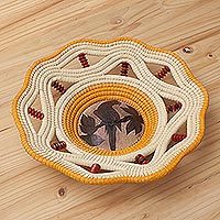 Chambira tree fiber and gourd shell decorative basket,