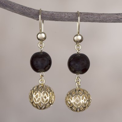 Gold plated obsidian dangle earrings, Celebratory Globes