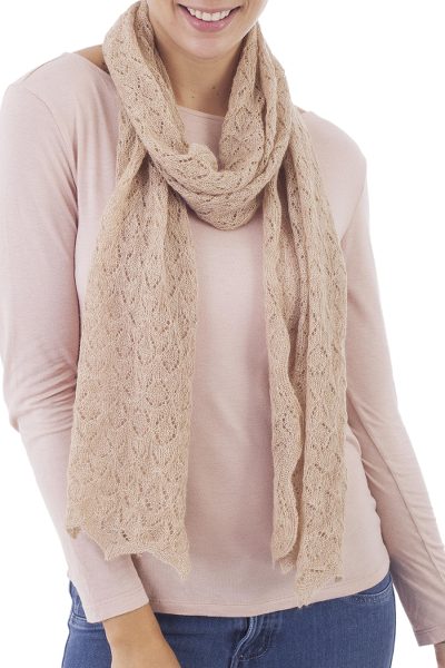 100% baby alpaca scarf, 'Stylish Ecru' - Knit 100% Baby Alpaca Wrap Scarf in Ecru from Peru