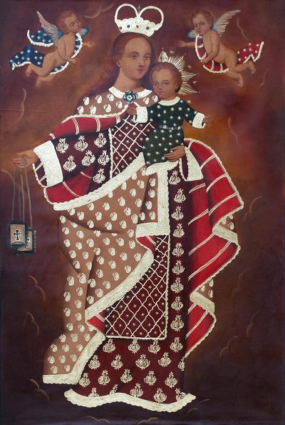'Our Lady of Mount Carmel' - Colonial Style Painting of Mary and Jesus from Peru