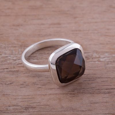 Square Smoky Quartz and Silver Cocktail Ring from Peru