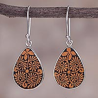 Pumpkin shell dangle earrings, 'Enchanting Flowers' - Sterling Silver and Pumpkin Shell Floral Earrings from Peru
