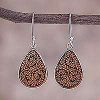 Pumpkin shell dangle earrings, 'Enchanted Copse' - Leafy Sterling Silver and Pumpkin Shell Earrings from Peru