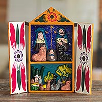 Wood retablo, 'Llamas on Christmas Eve' - Ceramic Folk Art Religious Retablo Diorama Handmade in Peru