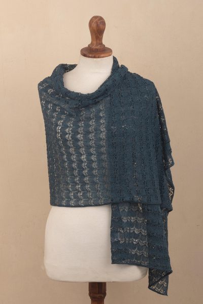 100% baby alpaca shawl, 'Dreamy Texture in Teal' - Textured 100% Baby Alpaca Shawl in Teal from Peru