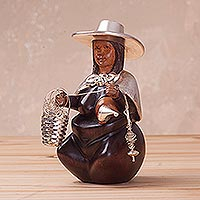 Sterling silver and mahogany wood sculpture, 'Woman Spinner of the Andes' - Sterling Silver and Mahogany Sculpture of a Woman from Peru