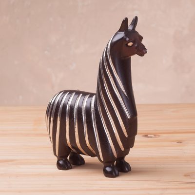 Sterling silver accent mahogany wood sculpture, Suri Llama