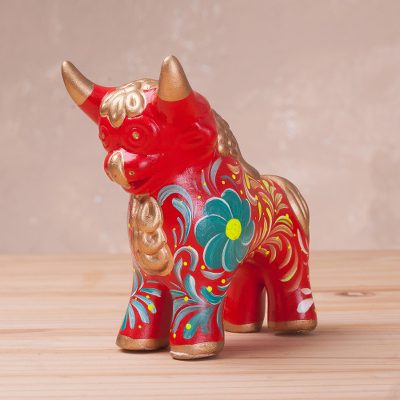 Ceramic sculpture, 'Steadfast Pucara Bull in Red' - Red Ceramic Bull Sculpture with Floral Designs from Peru