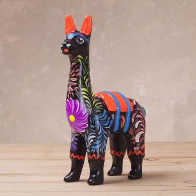 Ceramic sculpture, 'Floral Llama in Black' (5 inch) - Hand-Painted Llama Sculpture in Black (5 Inch) from Peru
