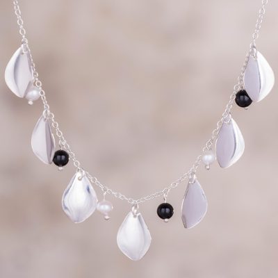 Onyx and cultured pearl pendant necklace, Glimmering Leaf Fall