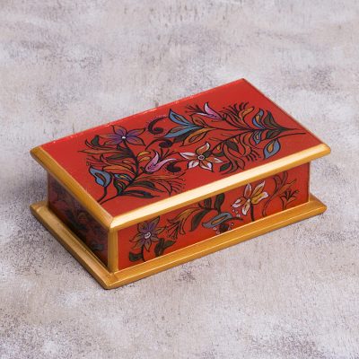 Reverse painted glass decorative box, 'Garden At Sunset' - Reverse Painted Glass Decorative Box in Red from Peru