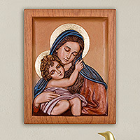 Cedar relief panel, 'Beautiful Love' - Cedar Wood Relief Panel of Mary and Jesus from Peru