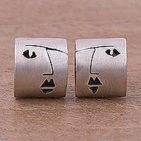 Sterling silver button earrings, 'Feminine Profile' - Face Motif Sterling Silver Button Earrings from Peru