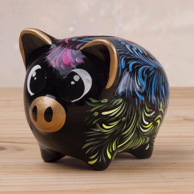 Ceramic decorative accent, 'Sweet Pig in Black' (3.3 inch) - Floral Ceramic Decorative Accent (3.3 inch) from Peru