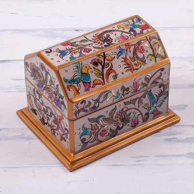 Reverse-painted glass decorative box, 'Chest of Memories' - Bird-Themed Floral Reverse-Painted Glass Box from Peru