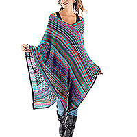 Knit poncho, 'Stripes in Bloom' - Fuchsia and Multi-Color Striped Acrylic Knit Poncho